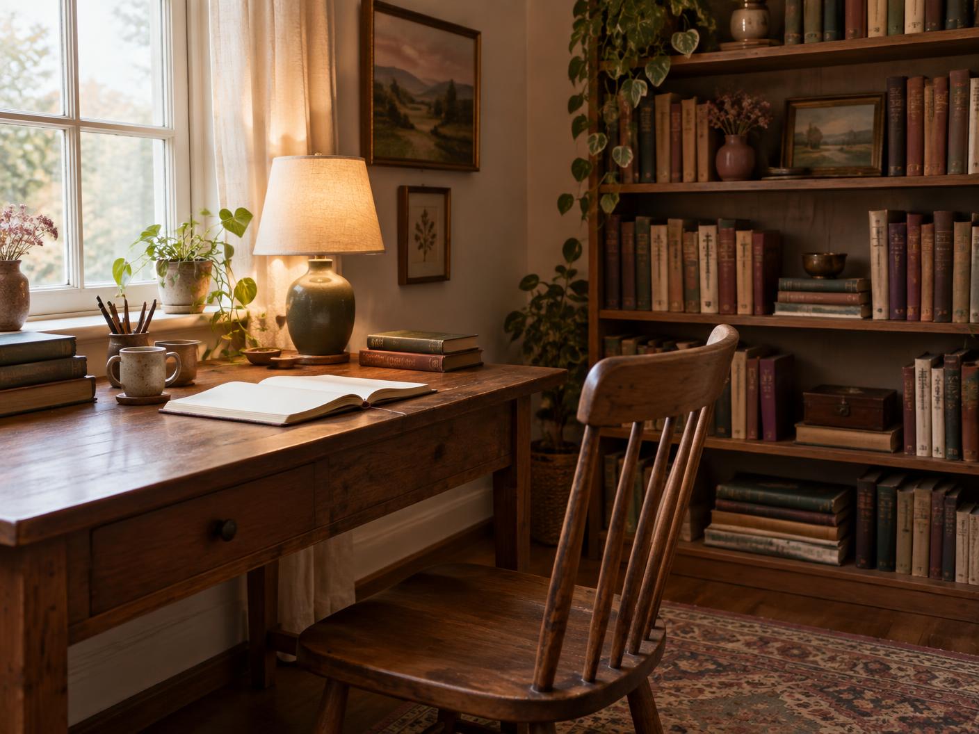 A quiet home study corner with a lamp, an open notebook and shelves of books