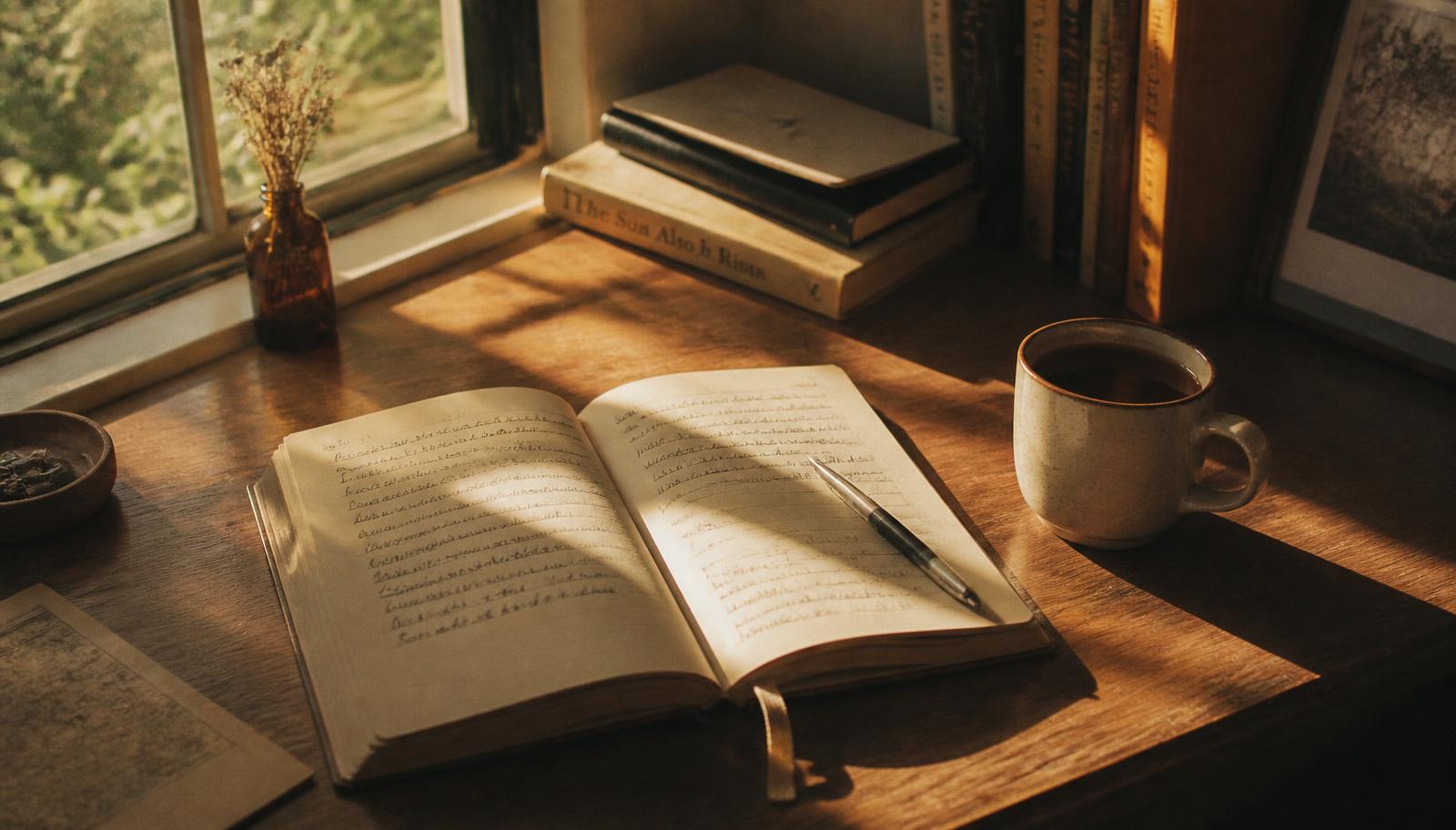 Sunlight across an open notebook and a mug on a wooden desk by a window