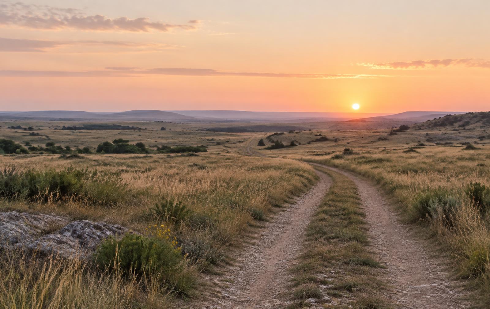 An empty dirt track winding across open Texas grassland toward the sunrise