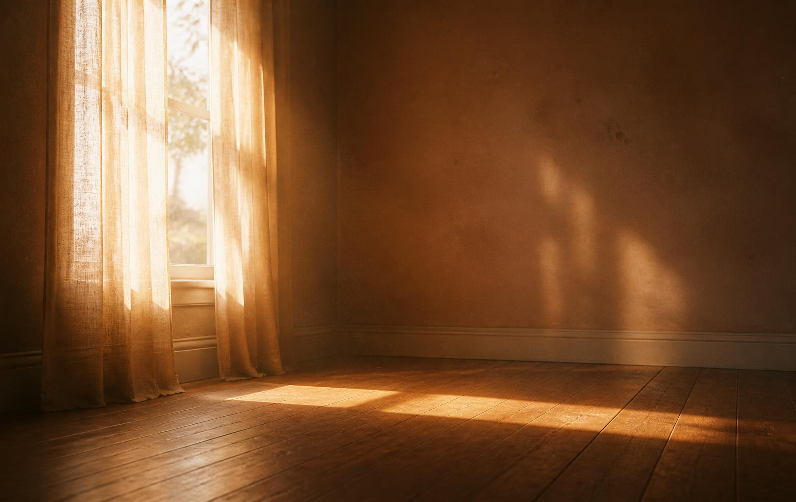 Late afternoon light falling through a linen curtain onto a wooden floor in a quiet room