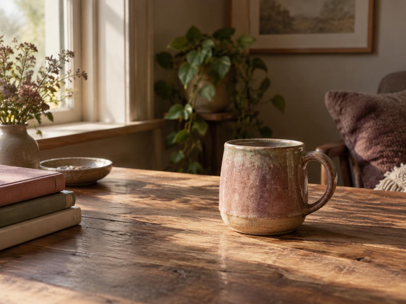 A warm ceramic mug on a wooden table in soft morning light