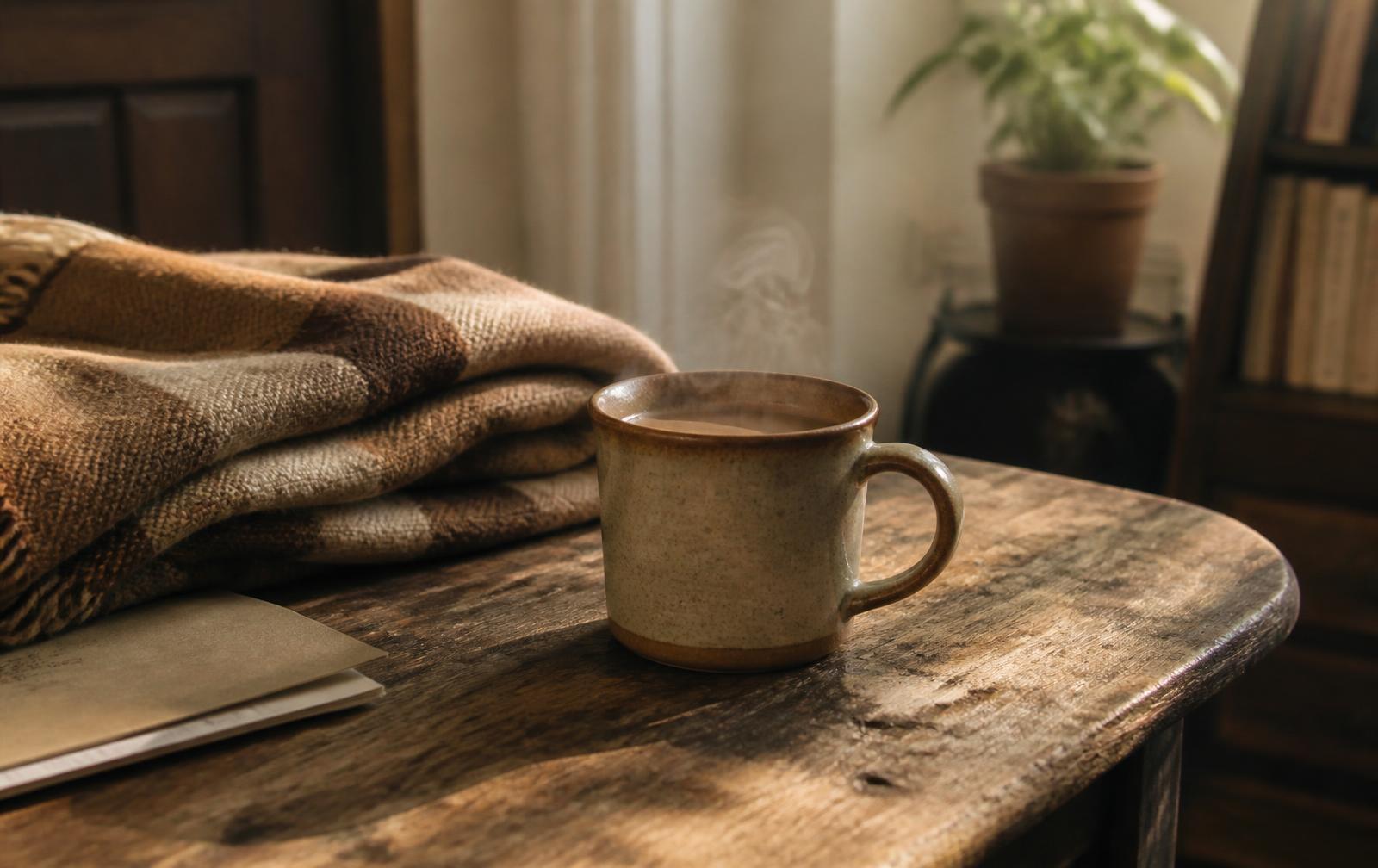 A steaming ceramic mug on a worn wooden table beside a folded wool blanket