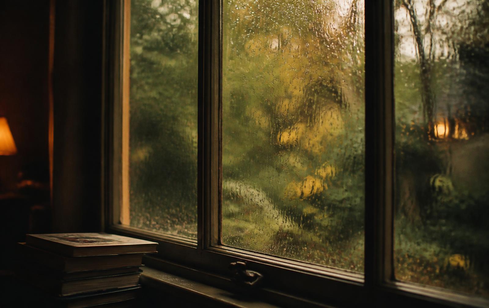 Rain running down a window pane with soft green and gold blurred beyond it